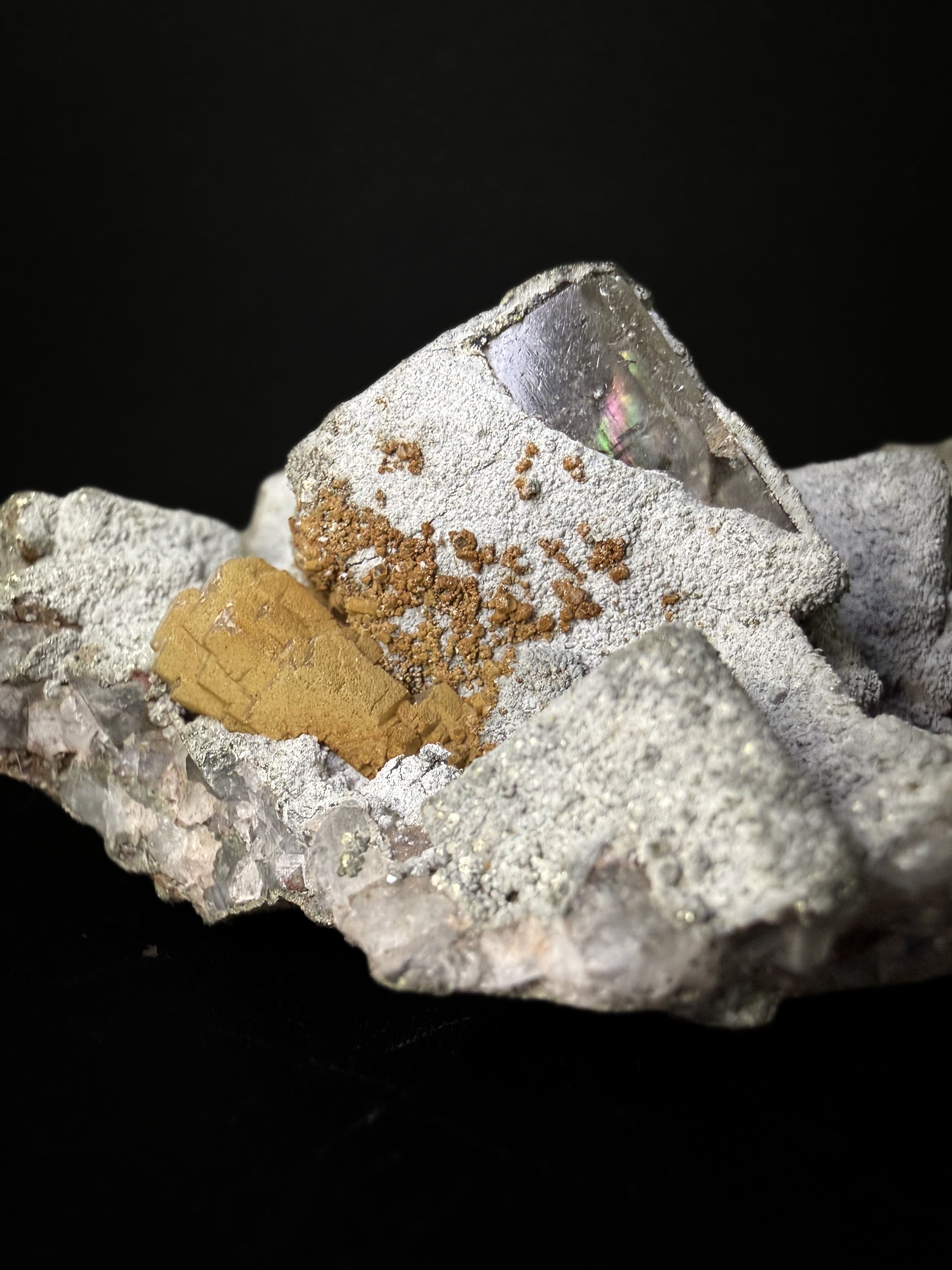 Pyrite on Fluorite