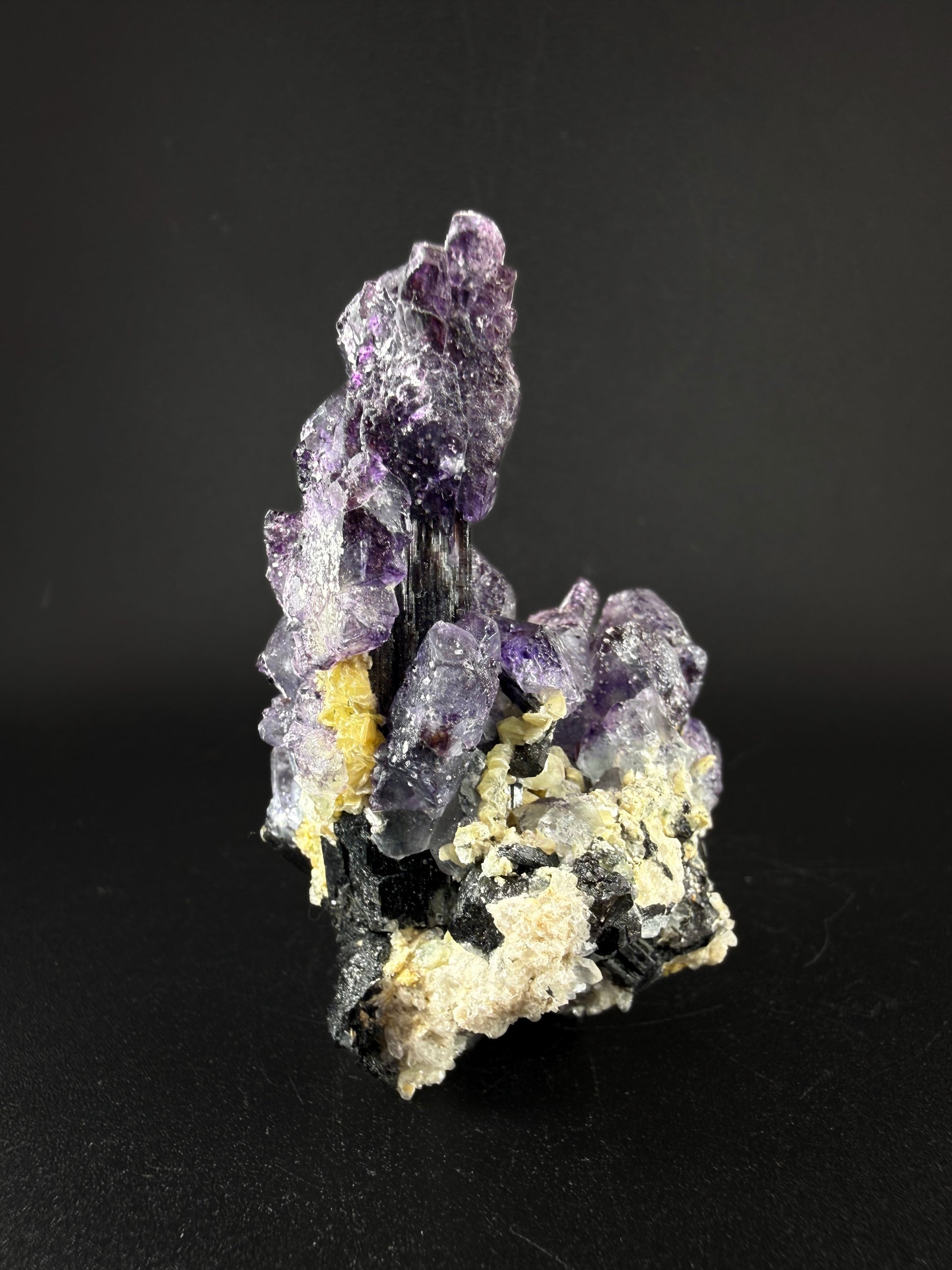 Fluorite, Spinel Law Twin, Quartz and Schorl