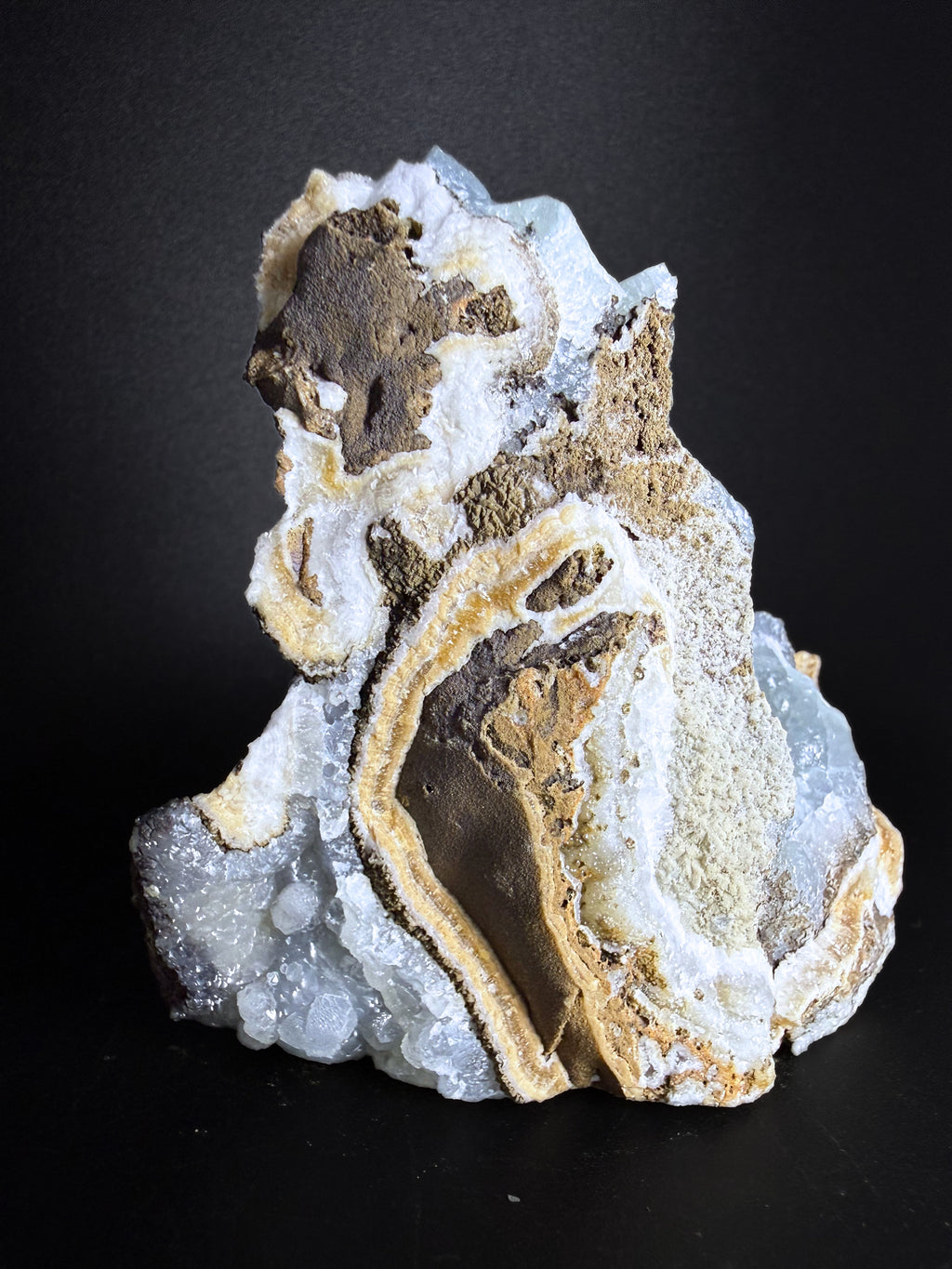 Smithsonite on Banded Sphalerite & Calcite